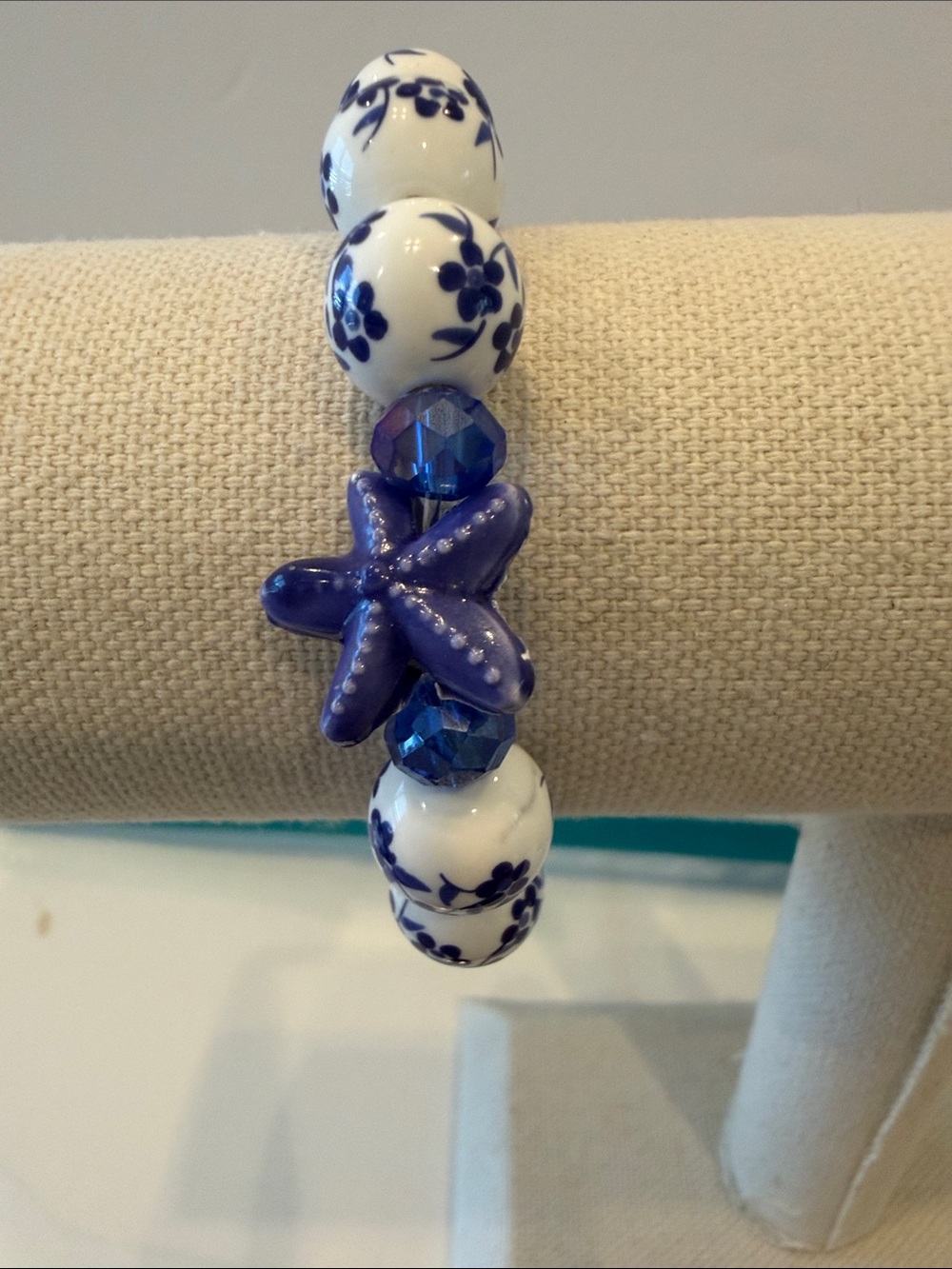 Blue Starfish Beaded Stretch Bracelet - Navy and White